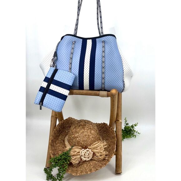 Parker & Hyde Blue and Navy Stripe‎ Neoprene Tote & Wristlet Everday Beach - Picture 1 of 16